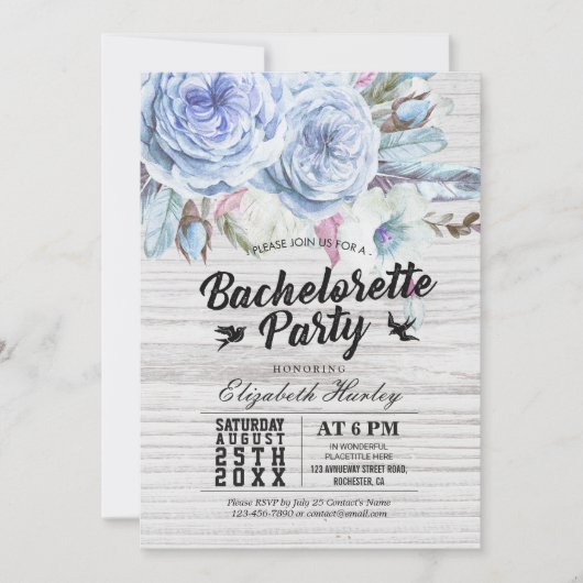 Bachelorette Party Boho Floral Feather Rustic Wood Kaart (Voorkant)