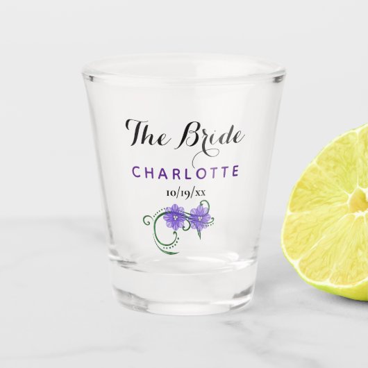 Bachelorette Party Bride Wedding Purple Flowers Shot Glas (Voorkant)