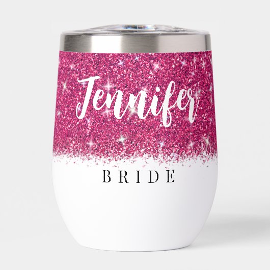 Bachelorette party bruid roze glitter wijn tumbler (Voorkant)