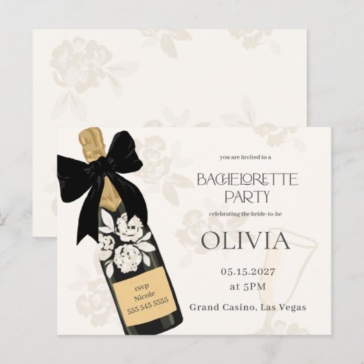 Bachelorette party Bubbly Wijnfles Black Bow Briefkaart (Voorkant / Achterkant)