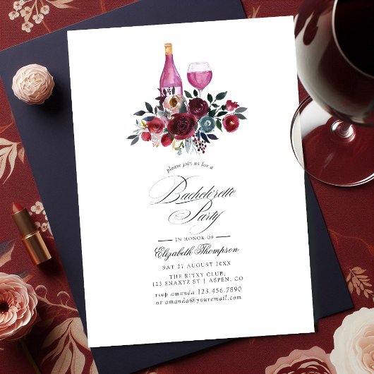 Bachelorette Party Burgundy en Navy Floral Wine Kaart
