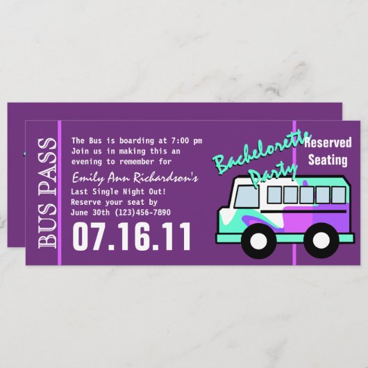 Bachelorette Party Bus Pass Kaart (Voorkant / Achterkant)