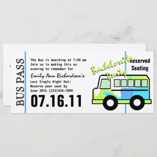 Bachelorette Party Bus Pass Kaart (Voorkant / Achterkant)