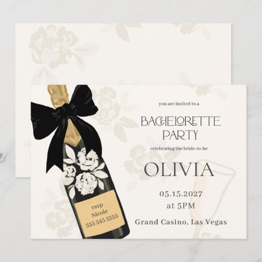 Bachelorette party Champagne fles Zwart Bow Kaart (Voorkant / Achterkant)