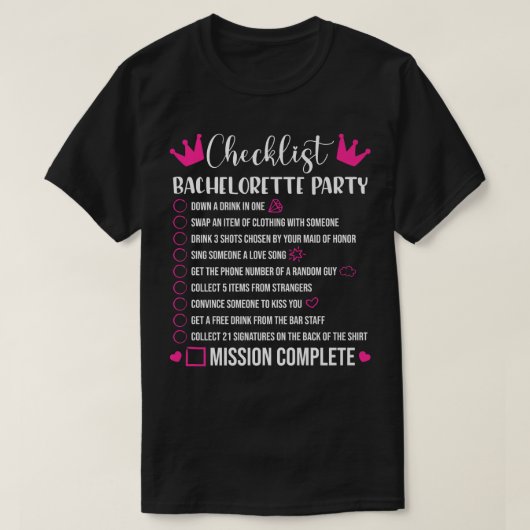 Bachelorette Party Checklist Games Bride T-shirt (Design voorkant)