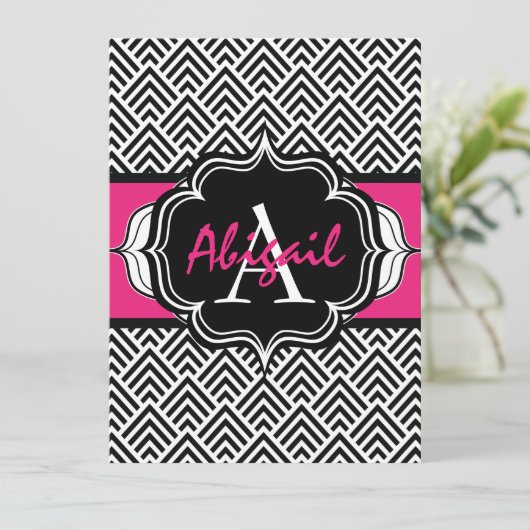 Bachelorette Party Chevron Chic Hot Pink Monogram Kaart (Staand voorkant)