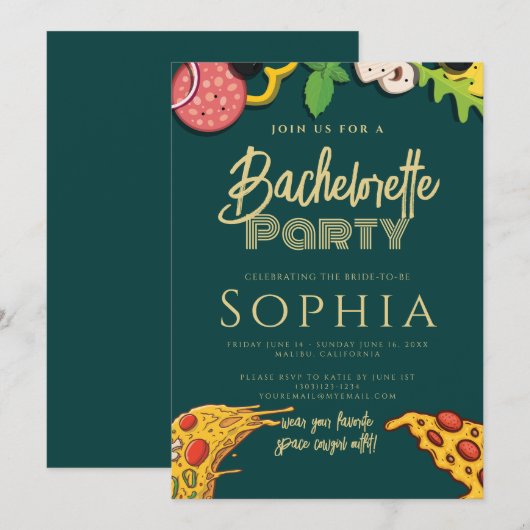Bachelorette Party Emerald Green Gold PIZZA Modern Kaart (Voorkant / Achterkant)