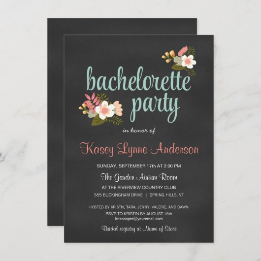 Bachelorette Party Floral Chalkboard Kaart (Voorkant / Achterkant)