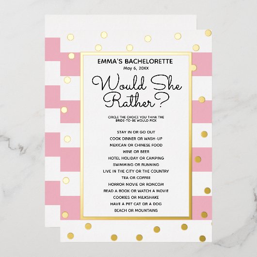 Bachelorette Party Game - Zou ze liever? Bride Folie Uitnodiging (Voorkant / Achterkant)