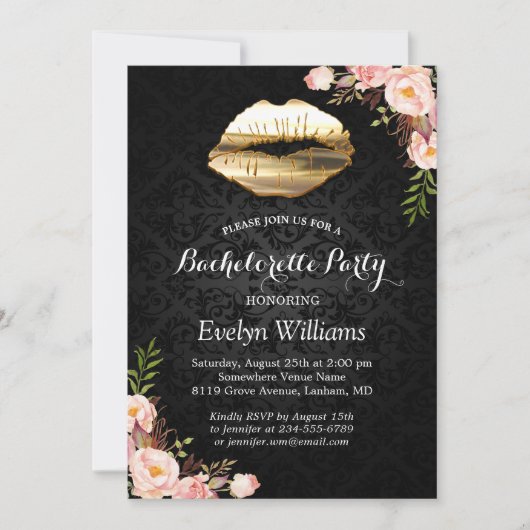 Bachelorette Party Gold Lips Damask Blush Floral Kaart (Voorkant)