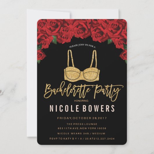 Bachelorette Party Gouden BH Rode Rozen Uitnodigin Kaart (Voorkant)