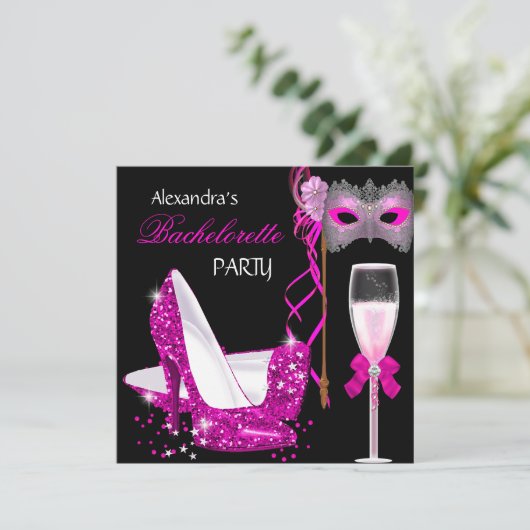 Bachelorette Party Hot Pink Masquerade Champagne Kaart (Staand voorkant)