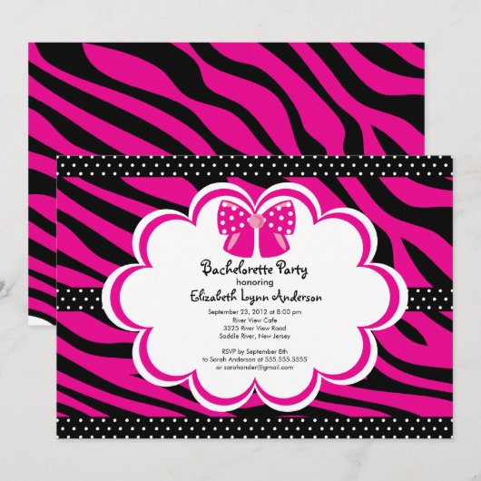 Bachelorette Party Invitation roze Black Zebra Kaart (Voorkant / Achterkant)