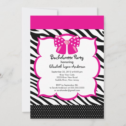 Bachelorette Party Invitation roze Black Zebra Kaart (Voorkant)