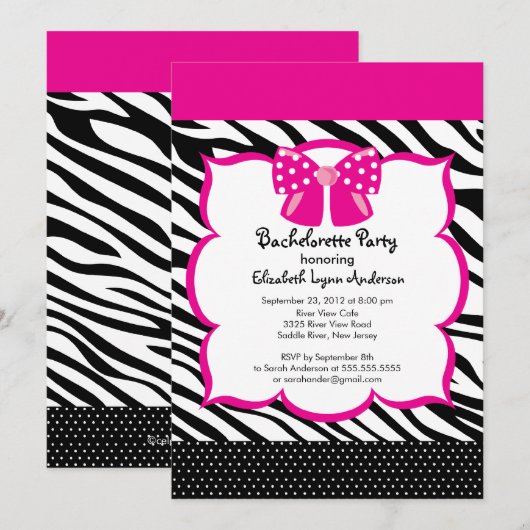 Bachelorette Party Invitation roze Black Zebra Kaart (Voorkant / Achterkant)