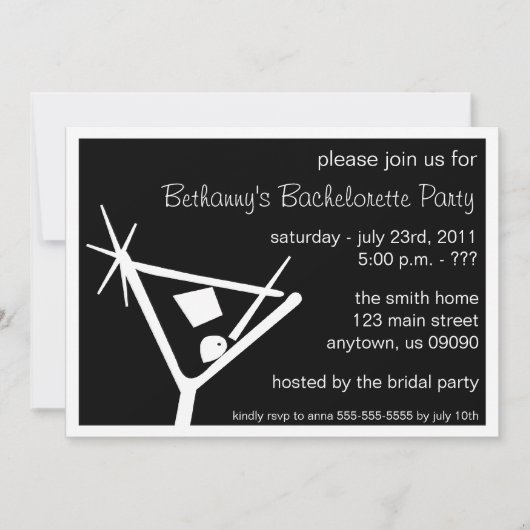Bachelorette Party Invite Martini Glass (zwart) Kaart (Voorkant)