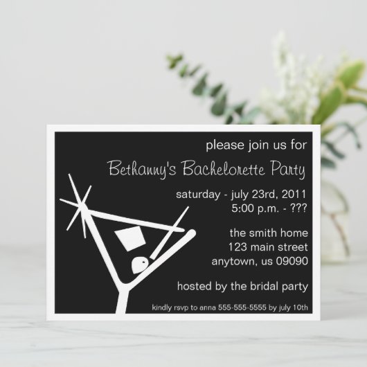 Bachelorette Party Invite Martini Glass (zwart) Kaart (Staand voorkant)