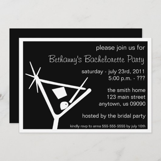 Bachelorette Party Invite Martini Glass (zwart) Kaart (Voorkant / Achterkant)