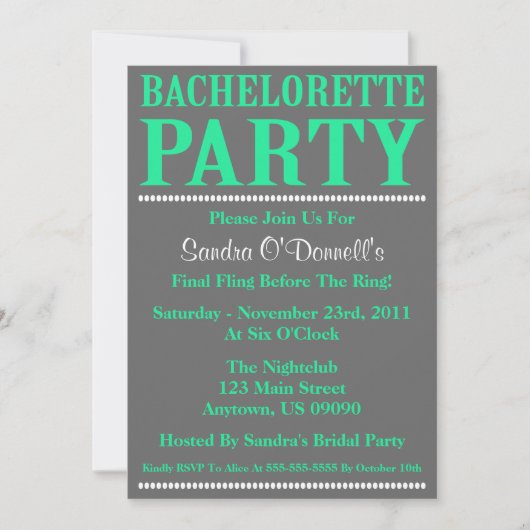 Bachelorette Party Invites (Zee groen/grijs), vers Kaart (Voorkant)