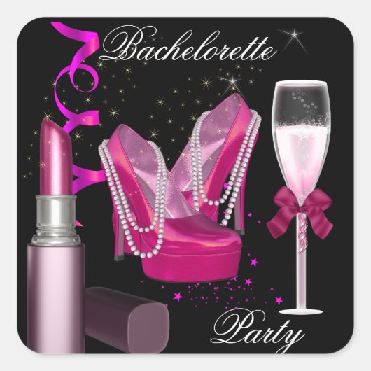 Bachelorette Party Lipstick Pink Shoes Champagne 1 Vierkante Sticker (Voorkant)