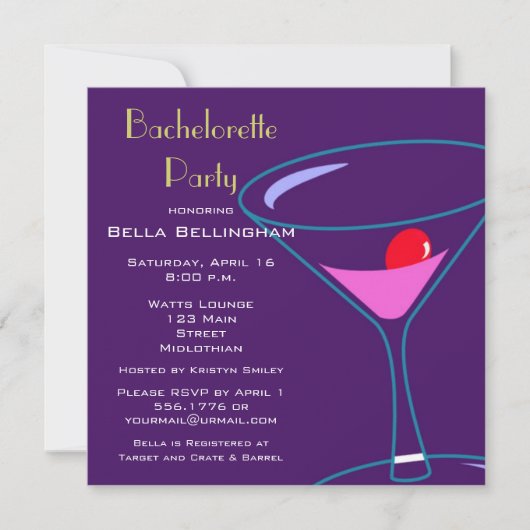 Bachelorette Party Martini Glass Invitation Kaart (Voorkant)