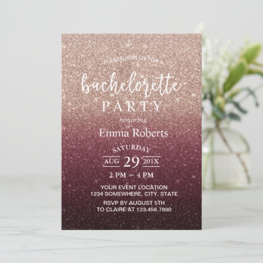 Bachelorette Party Modern Burgundy Roos Gold Ombre Kaart (Staand voorkant)