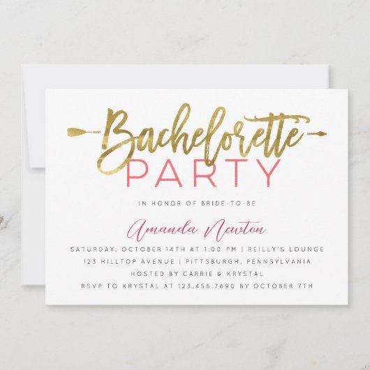 Bachelorette Party Modern Gold and Pink Typography Kaart (Voorkant)