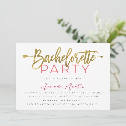 Bachelorette Party Modern Gold and Pink Typography Kaart (Staand voorkant)
