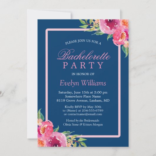 Bachelorette Party Navy Blue Paars Pink Floral Kaart (Voorkant)