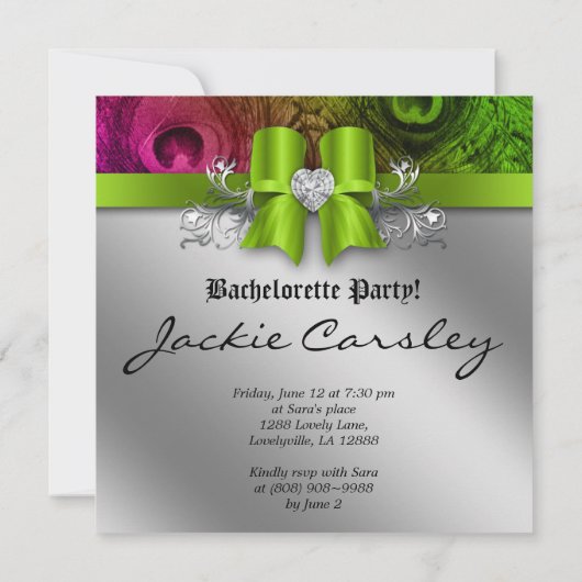 Bachelorette Party nodigt Peacock Bow Limoen Heart Kaart (Achterkant)