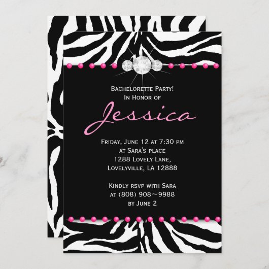Bachelorette Party nodigt Zebra roze juwelen uit 8 Kaart (Voorkant / Achterkant)