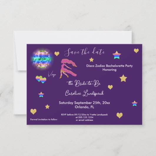 Bachelorette party over virgo Sign & Disco Ball Save The Date (Voorkant)