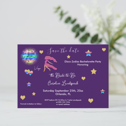 Bachelorette party over virgo Sign & Disco Ball Save The Date (Staand voorkant)