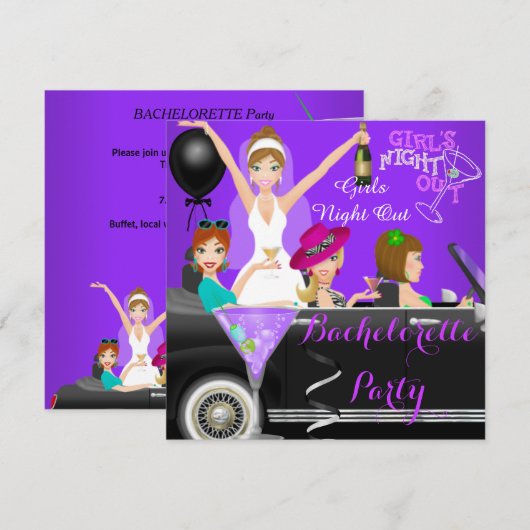 Bachelorette Party Paars Fun Limo Car Cocktails 1 Kaart (Voorkant / Achterkant)