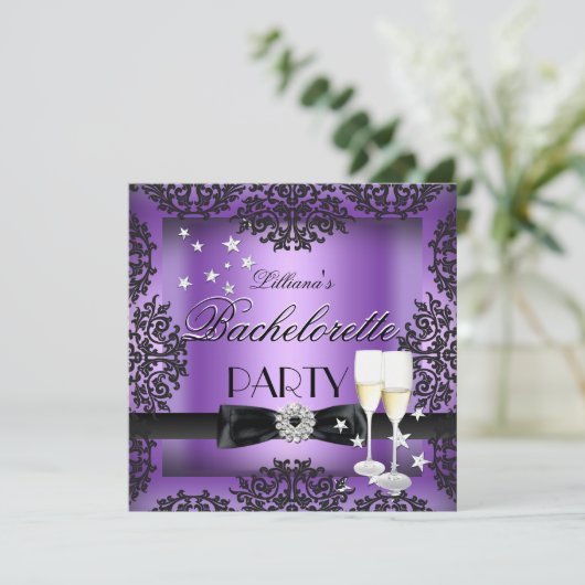 Bachelorette Party Paarse Black Champagne Kaart (Staand voorkant)