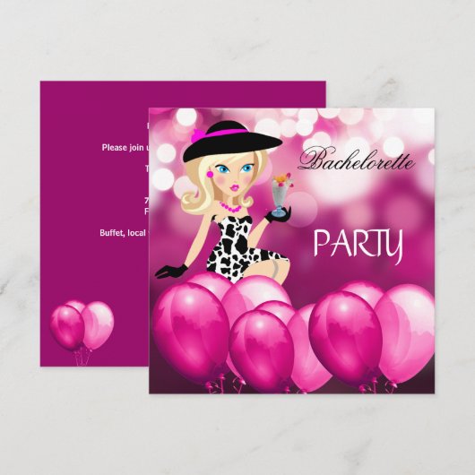 Bachelorette Party Pink Girl Balloons Cocktail 3 Kaart (Voorkant / Achterkant)