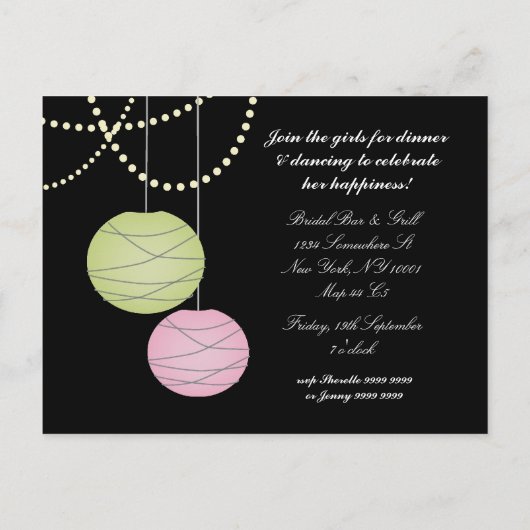 Bachelorette Party Pink Green Lanterns Invite Card Uitnodiging Briefkaart (Achterkant)