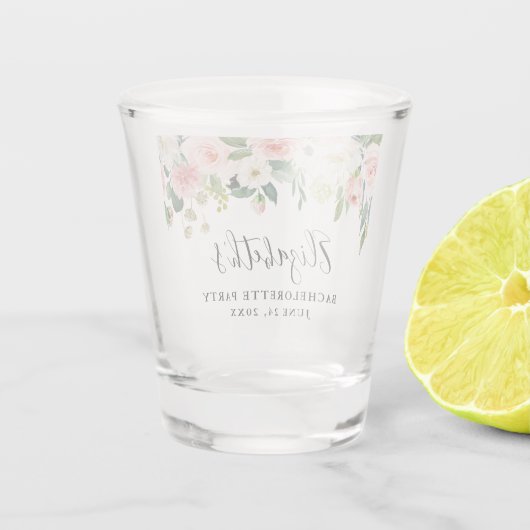 Bachelorette Party Pink White Waterverf Floral Shot Glas (Achterkant)
