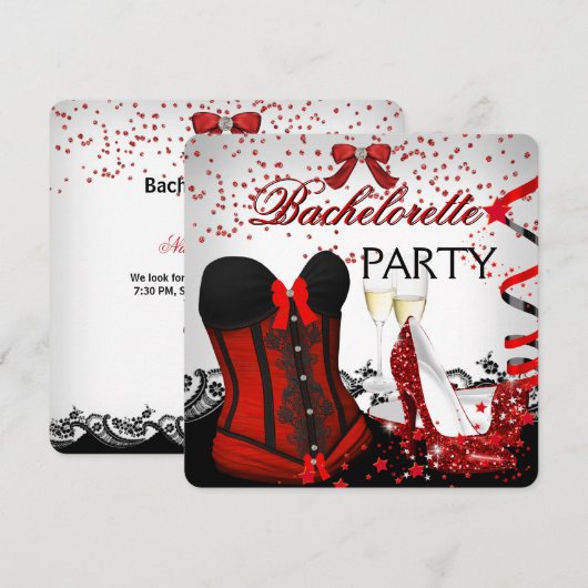 Bachelorette Party Red Corset high heels Champagne Kaart (Voorkant / Achterkant)