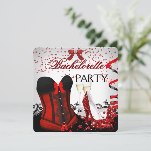 Bachelorette Party Red Corset high heels Champagne Kaart (Staand voorkant)