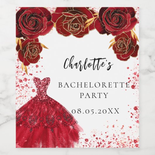 Bachelorette party rood wit jurk bloemen wijn etiket (Enkel label)