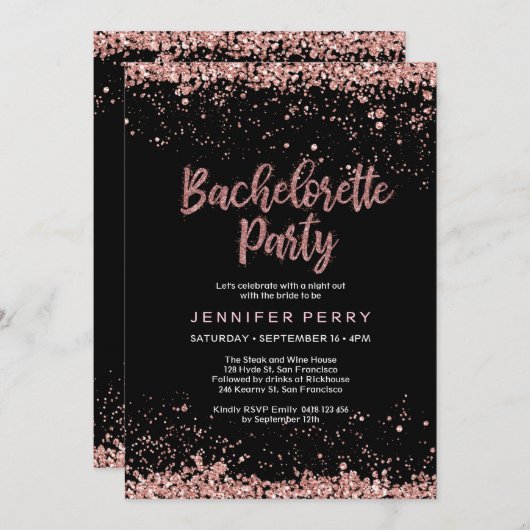 Bachelorette Party roos gold glitter Invitation Kaart (Voorkant / Achterkant)