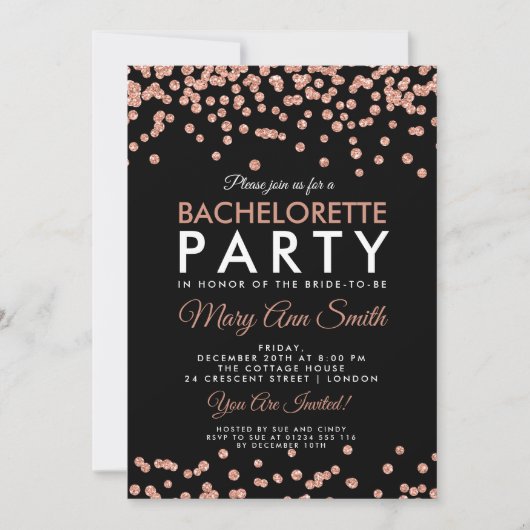 Bachelorette Party Roos Gouden Glitter Confetti Zw Kaart (Voorkant)
