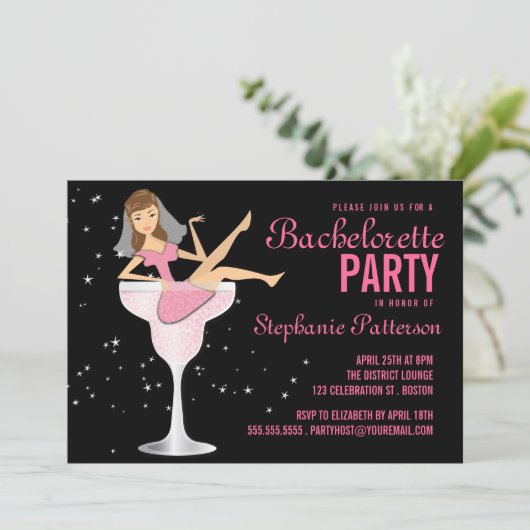 Bachelorette Party roze Cocktail Bride Uitnodiging (Staand voorkant)