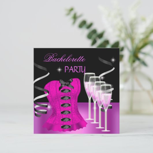 Bachelorette Party Roze Corset Zwarte Champagne Kaart (Staand voorkant)