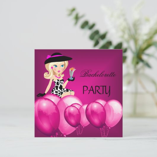 Bachelorette Party roze Girl Balloons Cocktail Kaart (Staand voorkant)