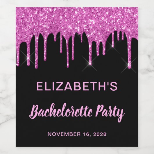 Bachelorette Party Roze Glitter Zwart Wijn Etiket (Enkel label)