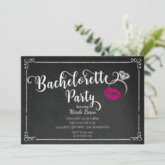 Bachelorette Party Roze Lippen Verloving Invitatio Kaart (Staand voorkant)
