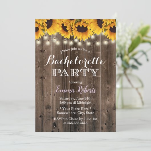 Bachelorette Party Rustic Sunflower String Lights Kaart (Staand voorkant)