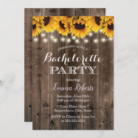 Bachelorette Party Rustic Sunflower String Lights Kaart (Voorkant / Achterkant)